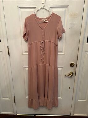 Dusty Rose V-Neck Tiered Maxi Dress with Tie Waist
